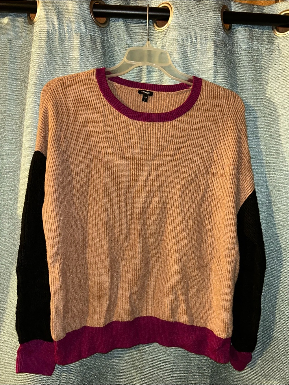 Express Pink Crewneck Sweater with Black Sleeves & Magenta Trim